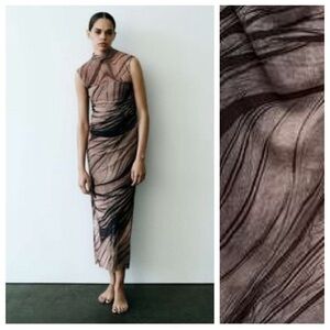 Zara Brown & Black Sheer Ruched Maxi Dress